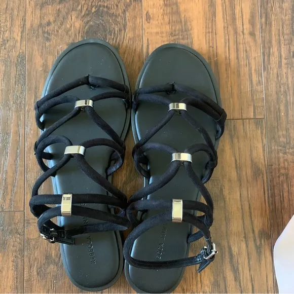 NIB Rebecca Minkoff Sarle Black Strappy Sandals Minimalist Suede Capsule Size 9