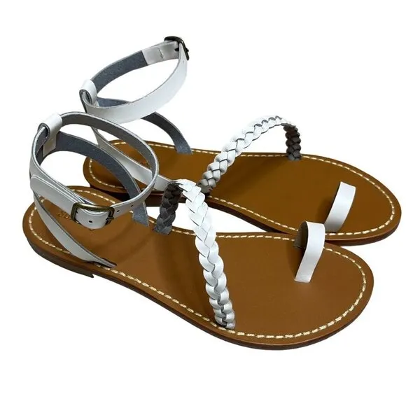 NIB Soludos Madrid Strappy Leather Braided White Flat Sandals