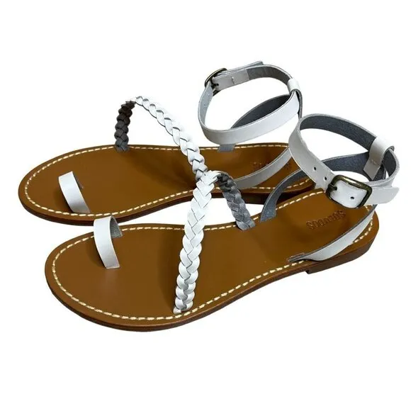 NIB Soludos Madrid Strappy Leather Braided White Flat Sandals