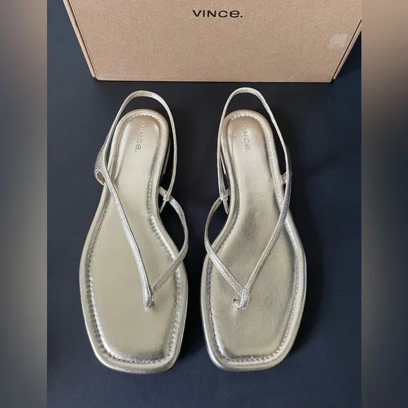 Nib Vince Deana Leather Slingback Thong Strappy Sandals in Champagne