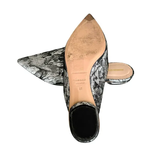 Nicholas Kirkwood Metallic Silver Pointed Toe Flats Mules Made in Italy Women’s