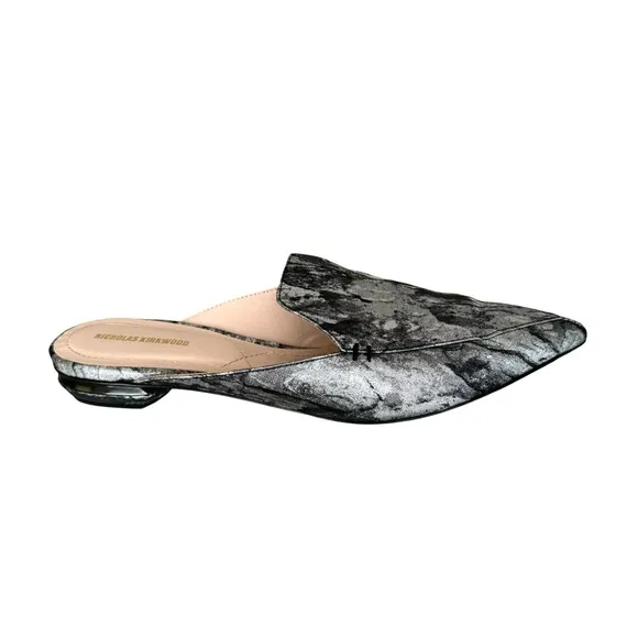 Nicholas Kirkwood Metallic Silver Pointed Toe Flats Mules Made in Italy Women’s
