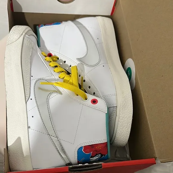 Nike White High-Top Sneakers with Yellow Laces
