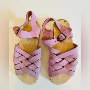 No. 6 Store Pink Leather Strappy Woven Flat Sandals with Buckle, Size 37