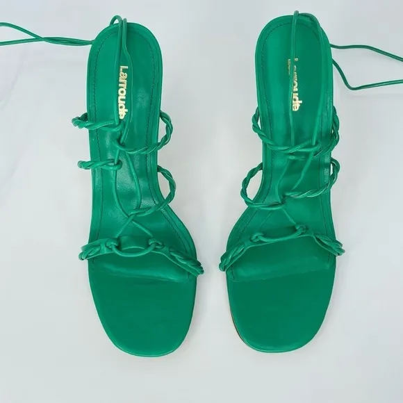 NWB Larroude Kiki Ankle Wrap Stiletto Heels Sandals in Napa Green Leather, Sz 8