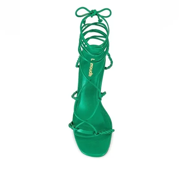 NWB Larroude Kiki Ankle Wrap Stiletto Heels Sandals in Napa Green Leather, Sz 8