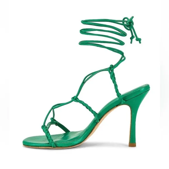 NWB Larroude Kiki Ankle Wrap Stiletto Heels Sandals in Napa Green Leather, Sz 8