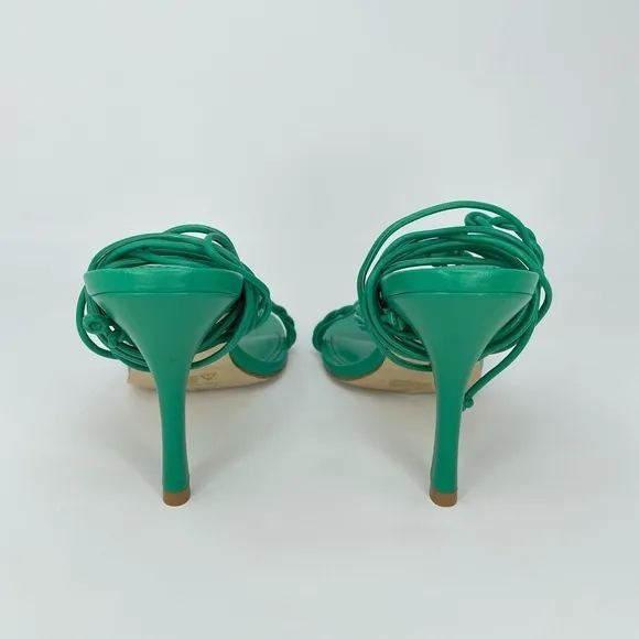 NWB Larroude Kiki Ankle Wrap Stiletto Heels Sandals in Napa Green Leather, Sz 8