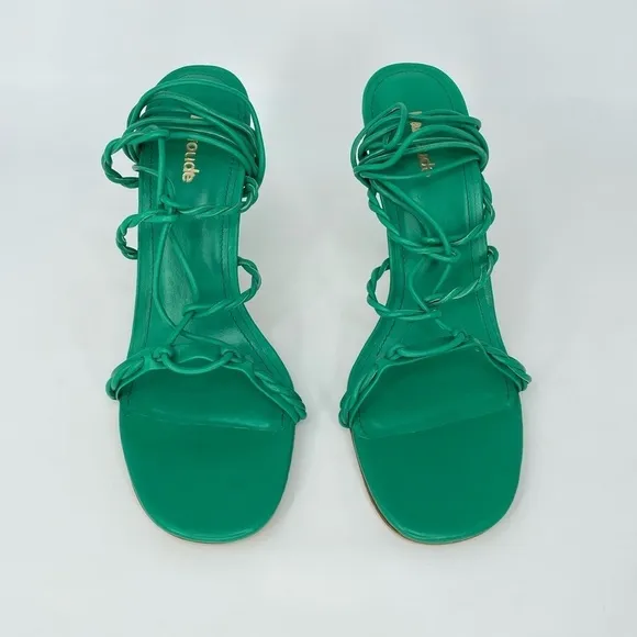 NWB Larroude Kiki Ankle Wrap Stiletto Heels Sandals in Napa Green Leather, Sz 8