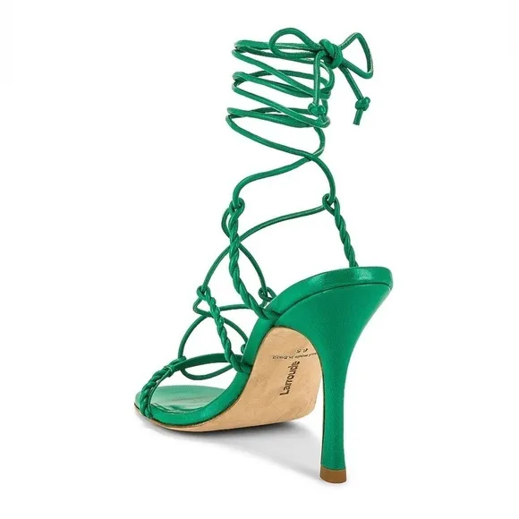NWB Larroude Kiki Ankle Wrap Stiletto Heels Sandals in Napa Green Leather, Sz 8