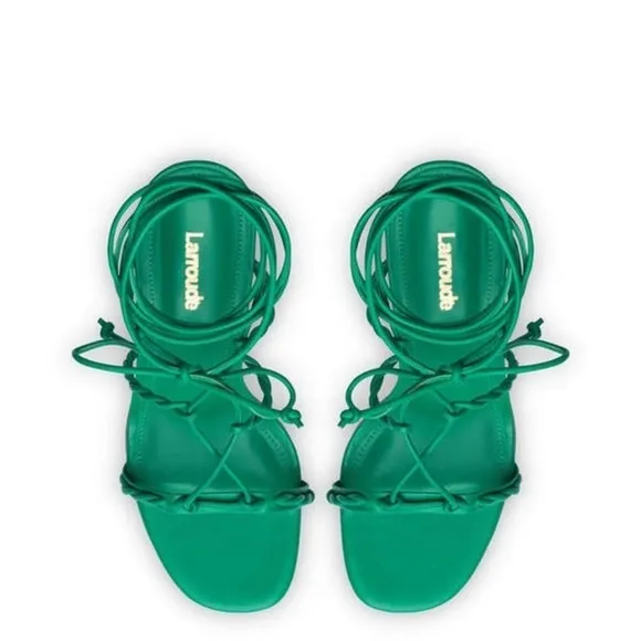 NWB Larroude Kiki Ankle Wrap Stiletto Heels Sandals in Napa Green Leather, Sz 8