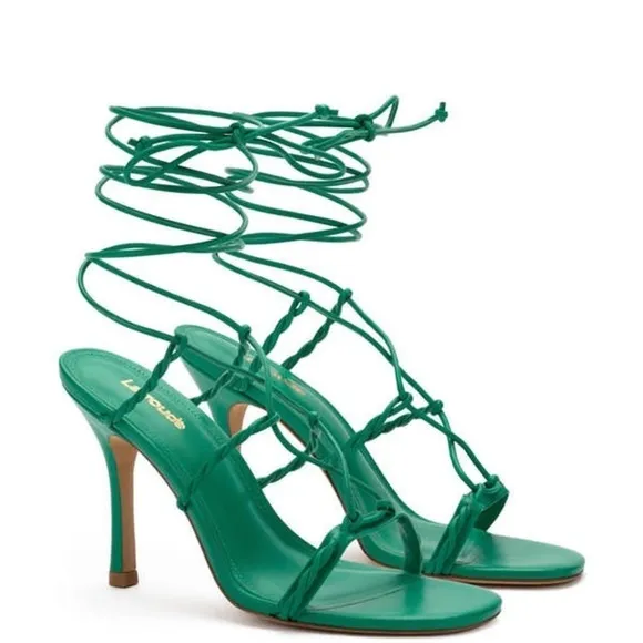 NWB Larroude Kiki Ankle Wrap Stiletto Heels Sandals in Napa Green Leather, Sz 8