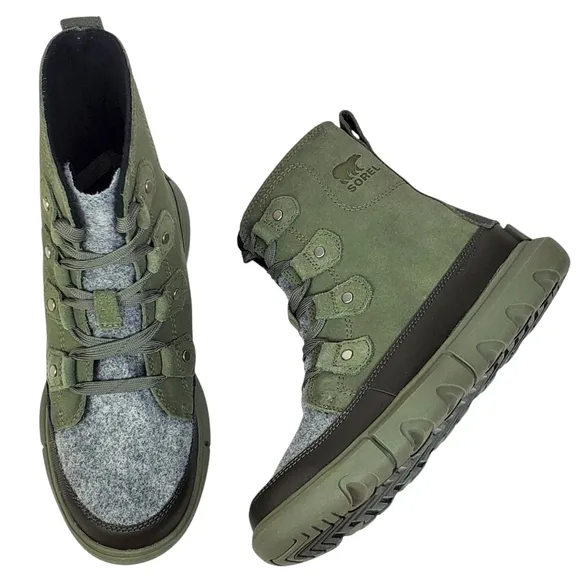 NWB Sorel explorer next Joan waterproof boots stone green lace insulated suede