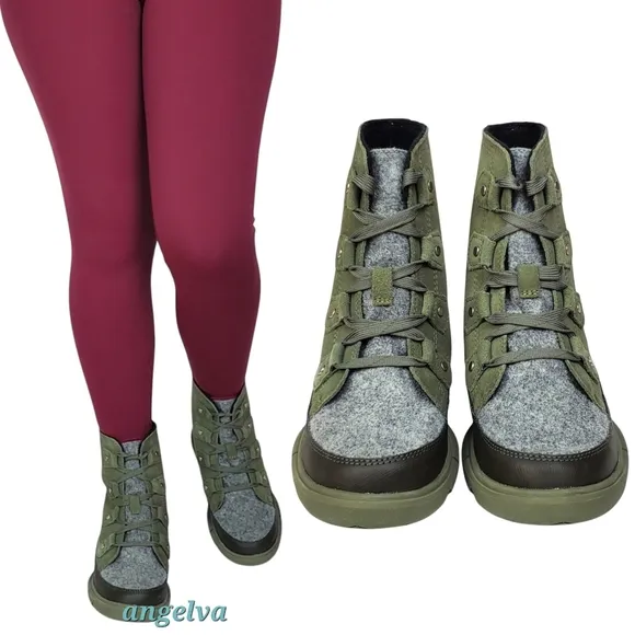 NWB Sorel explorer next Joan waterproof boots stone green lace insulated suede