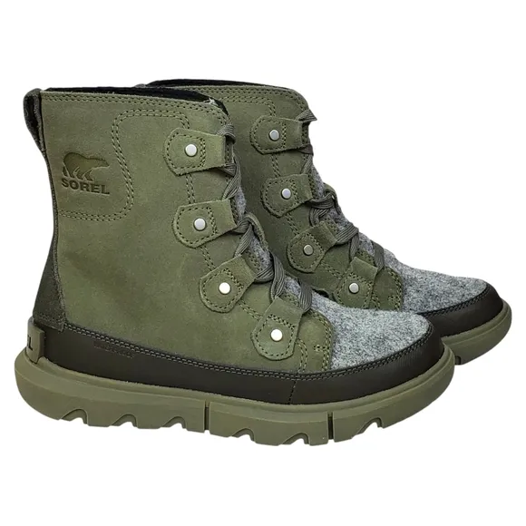 NWB Sorel explorer next Joan waterproof boots stone green lace insulated suede