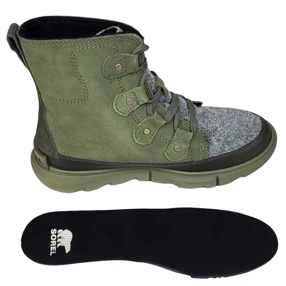 NWB Sorel explorer next Joan waterproof boots stone green lace insulated suede