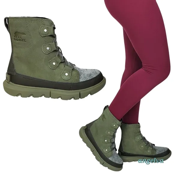 NWB Sorel explorer next Joan waterproof boots stone green lace insulated suede