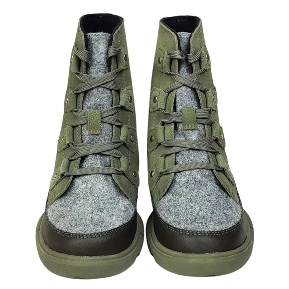 NWB Sorel explorer next Joan waterproof boots stone green lace insulated suede