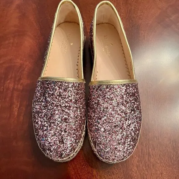 NWOB Kate Spade Linds Too Rose Gold Multi Glitter Espadrilles Flats Shoes 7.5