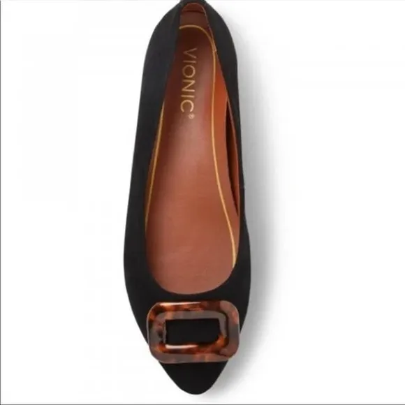 NWOB Vionic Black AMANDA Ballet Flats with Acryllic Tortoise Buckle 6