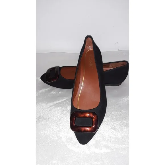 NWOB Vionic Black AMANDA Ballet Flats with Acryllic Tortoise Buckle 6