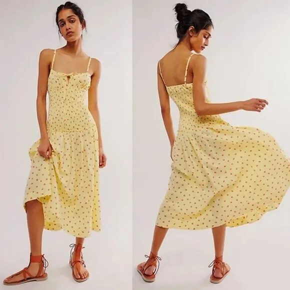 NWOT Free People Lavender🪻Haze Smocked Midi Dress In Strawberry 🍓 Combo, M