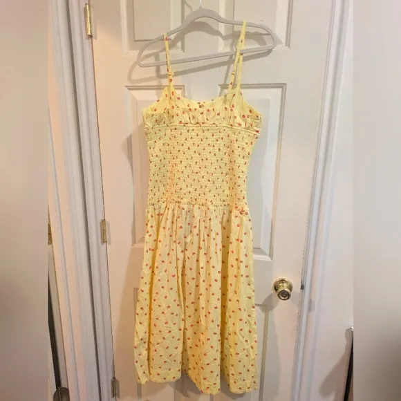 NWOT Free People Lavender🪻Haze Smocked Midi Dress In Strawberry 🍓 Combo, M