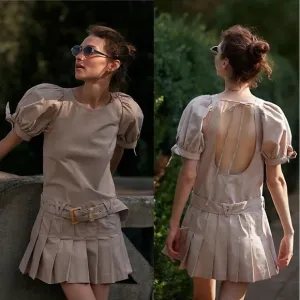 NWOT Free People Sevi Puff Sleeved Belted Pleated Mini Dress in French Oak