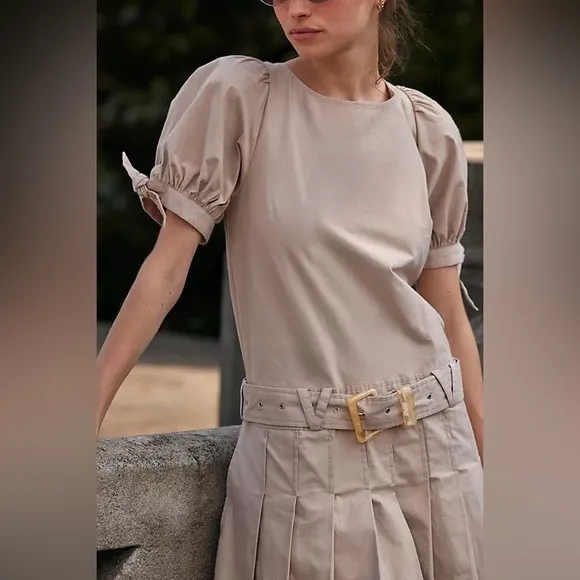 NWOT Free People Sevi Puff Sleeved Belted Pleated Mini Dress in French Oak