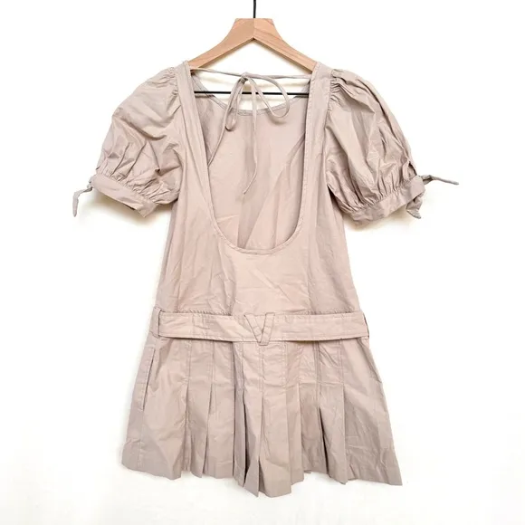 NWOT Free People Sevi Puff Sleeved Belted Pleated Mini Dress in French Oak