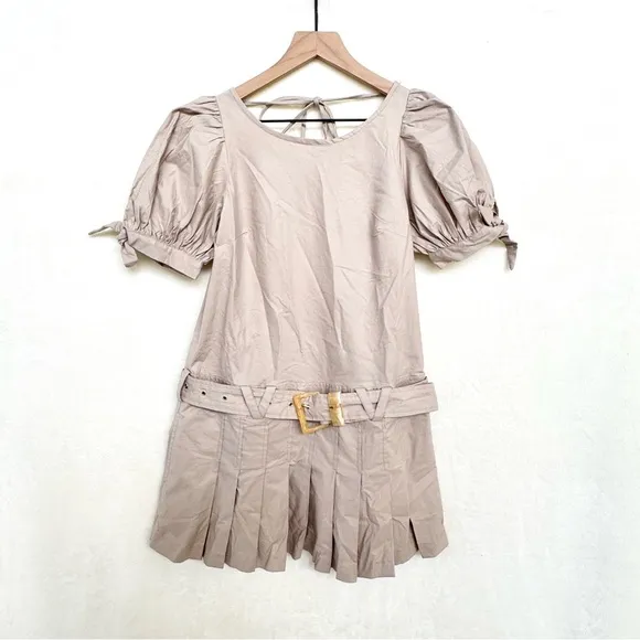 NWOT Free People Sevi Puff Sleeved Belted Pleated Mini Dress in French Oak