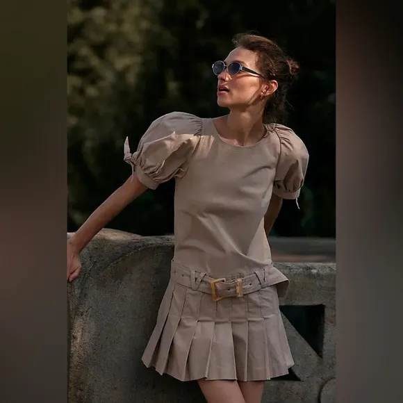 NWOT Free People Sevi Puff Sleeved Belted Pleated Mini Dress in French Oak