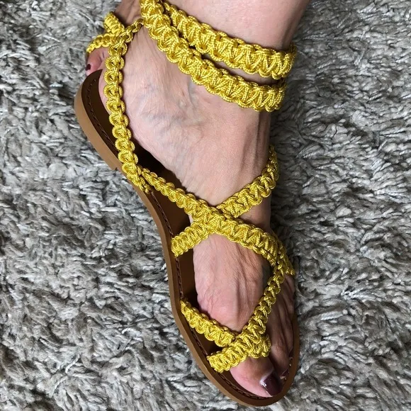 NWOT Sezane Mustard Yellow Braided Macrame Ankle Strap Gladiator Sandals 7.5 38