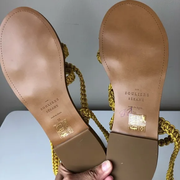 NWOT Sezane Mustard Yellow Braided Macrame Ankle Strap Gladiator Sandals 7.5 38