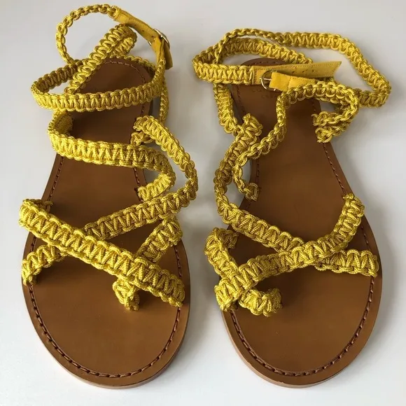 NWOT Sezane Mustard Yellow Braided Macrame Ankle Strap Gladiator Sandals 7.5 38