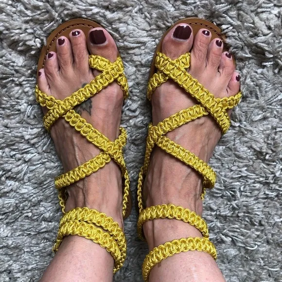 NWOT Sezane Mustard Yellow Braided Macrame Ankle Strap Gladiator Sandals 7.5 38