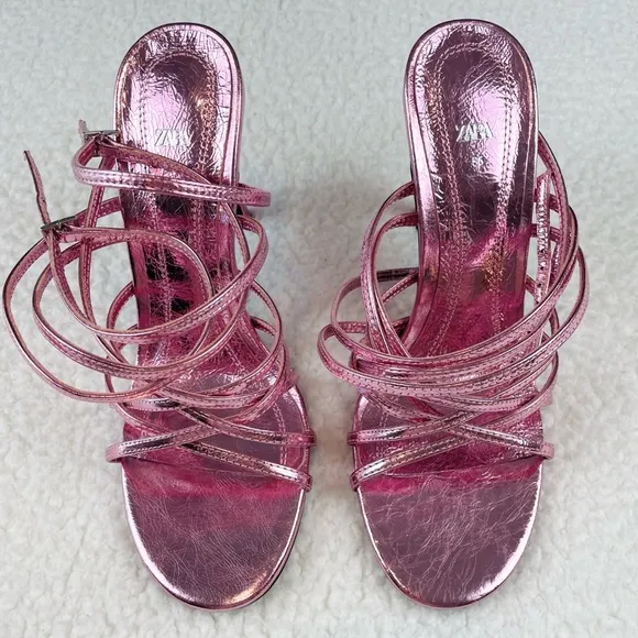 (NWOT) ZARA • Metallic Lilac Heeled Leather Strappy Sandals