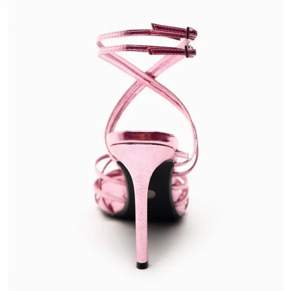 (NWOT) ZARA • Metallic Lilac Heeled Leather Strappy Sandals