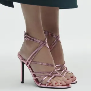 (NWOT) ZARA • Metallic Lilac Heeled Leather Strappy Sandals
