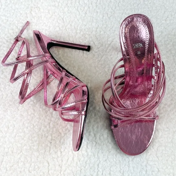 (NWOT) ZARA • Metallic Lilac Heeled Leather Strappy Sandals