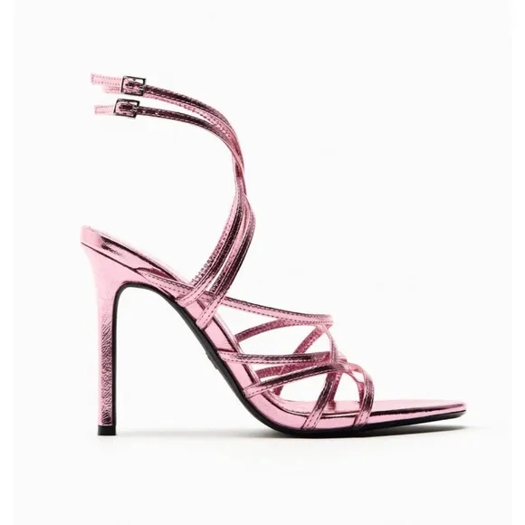 (NWOT) ZARA • Metallic Lilac Heeled Leather Strappy Sandals