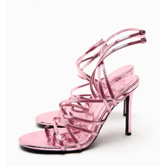 (NWOT) ZARA • Metallic Lilac Heeled Leather Strappy Sandals