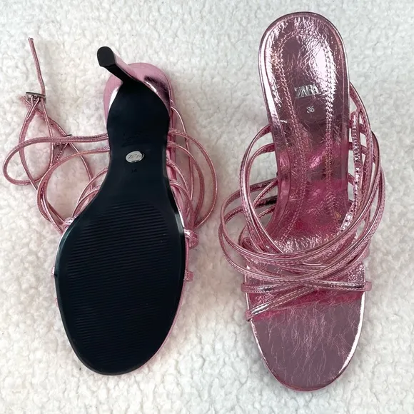 (NWOT) ZARA • Metallic Lilac Heeled Leather Strappy Sandals