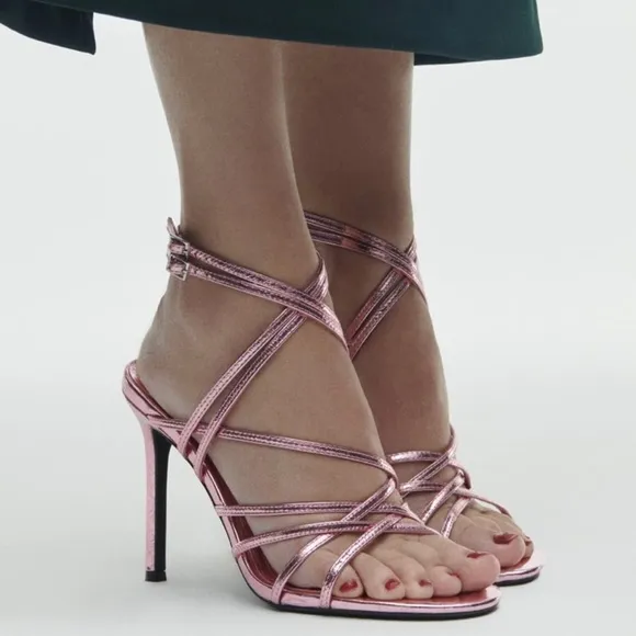 (NWOT) ZARA • Metallic Lilac Heeled Leather Strappy Sandals