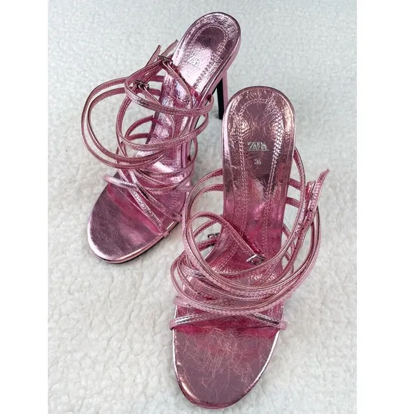 (NWOT) ZARA • Metallic Lilac Heeled Leather Strappy Sandals