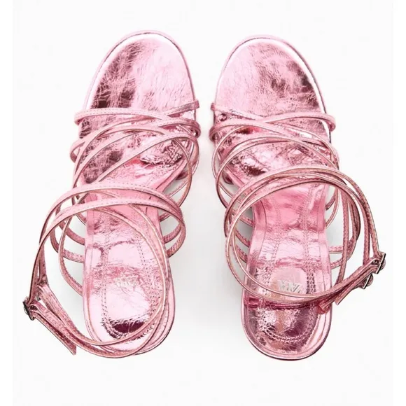 (NWOT) ZARA • Metallic Lilac Heeled Leather Strappy Sandals
