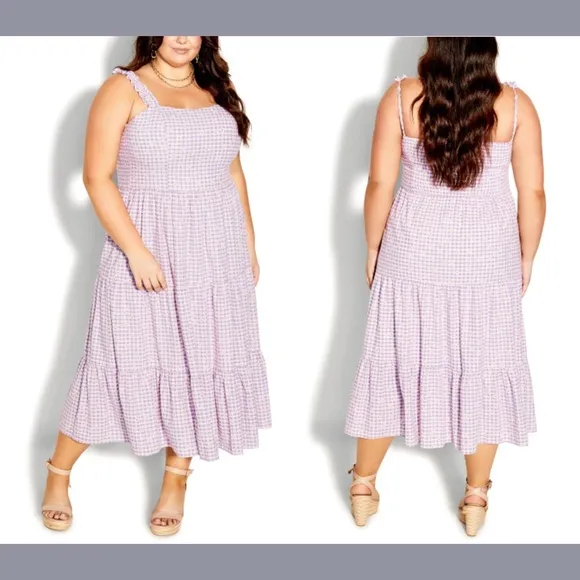 NWT $129 City Chic [ 16W S/16 ]  Victoria Tiered Gingham Sundress Lavender‎