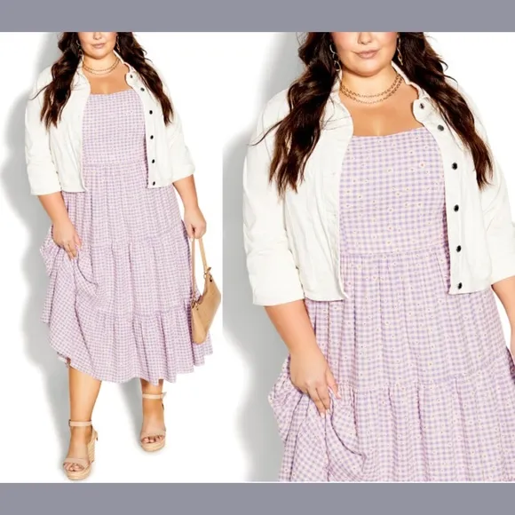 NWT $129 City Chic [ 16W S/16 ]  Victoria Tiered Gingham Sundress Lavender‎