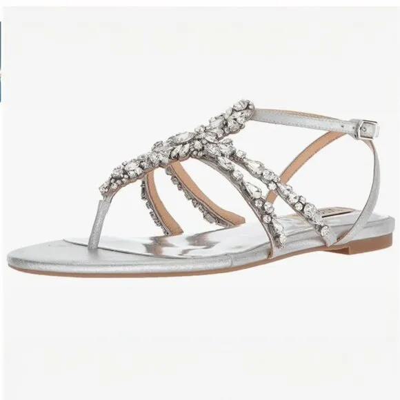 NWT Badgley MIschka Hampden SIlver Rhinestone Tstrap Flat Sandal Bridal Shoes