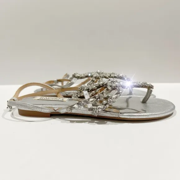 NWT Badgley MIschka Hampden SIlver Rhinestone Tstrap Flat Sandal Bridal Shoes